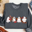 XL Dark Gray Heather Mini Halloween Ghosts Cute Floral Garden Autumnal Patchwork Cozy Seasonal Print With Flowers And Ghosts Sweatshirt