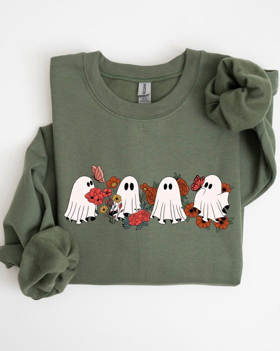 Mini Halloween Ghosts Cute Floral Garden Autumnal Patchwork Cozy Seasonal Print With Flowers And Ghosts Sweatshirt
