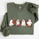 XL Military Green Mini Halloween Ghosts Cute Floral Garden Autumnal Patchwork Cozy Seasonal Print With Flowers And Ghosts Sweatshirt