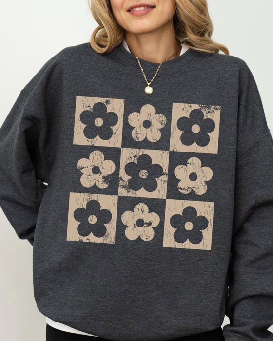Retro Checkered Flowers Minimalist Vintage Print Artwork Cozy Cotton Blend Sweatshirt