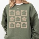 XXXL Military Green Retro Checkered Flowers Minimalist Vintage Print Artwork Cozy Cotton Blend Sweatshirt