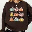 Medium Dark Chocolate Brown Cozy Retro Colorful Floral Pumpkins Halloween Jack-O-Lantern Fall Autumn Sweatshirt