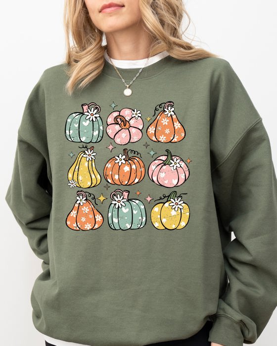 Cozy Retro Colorful Floral Pumpkins Halloween Jack-O-Lantern Fall Autumn Sweatshirt