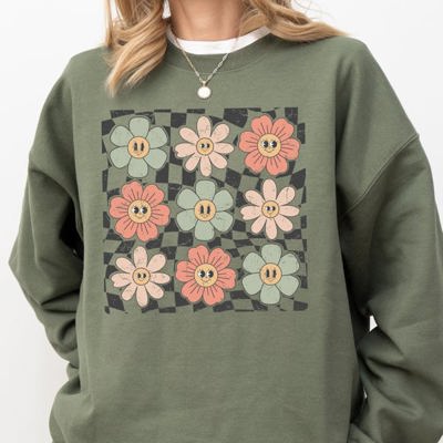 Retro Flowers Checkered Daisies Hippie Cute Positivity Vintage Floral Motif Across Checkerboard Panels Sweatshirt