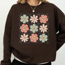 XL Dark Chocolate Brown Retro Flowers Checkered Daisies Hippie Cute Positivity Vintage Floral Motif Across Checkerboard Panels Sweatshirt
