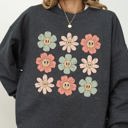 Medium Dark Gray Heather Retro Flowers Checkered Daisies Hippie Cute Positivity Vintage Floral Motif Across Checkerboard Panels Sweatshirt