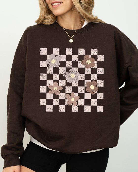 Retro Minimalist Flowers Checkered Vintage Floral Daisies Patterned Print Sweatshirt