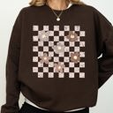 XXXL Dark Chocolate Brown Retro Minimalist Flowers Checkered Vintage Floral Daisies Patterned Print Sweatshirt