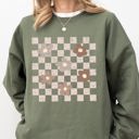 Medium Military Green Retro Minimalist Flowers Checkered Vintage Floral Daisies Patterned Print Sweatshirt