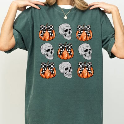 Skulls and Checkered Pumpkins, Coquette Ribbons and Bows Halloween Edition Comfort Colors Tee