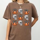 Large Espresso Brown Skulls and Checkered Pumpkins, Coquette Ribbons and Bows Halloween Edition Comfort Colors Tee