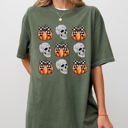 XXXL Moss Dark Green Skulls and Checkered Pumpkins, Coquette Ribbons and Bows Halloween Edition Comfort Colors Tee