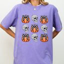 Medium Violet Purple Skulls and Checkered Pumpkins, Coquette Ribbons and Bows Halloween Edition Comfort Colors Tee