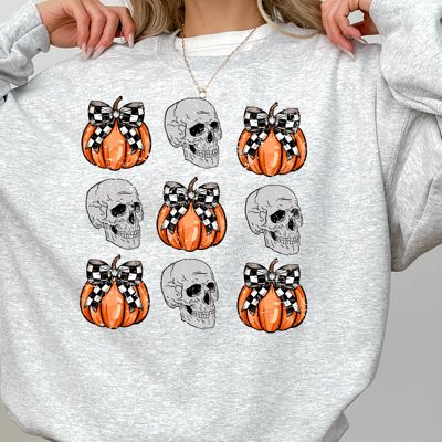 Skulls And Checkered Pumpkins Coquette Ribbons And Bows Halloween Inspired Sweatshirt
