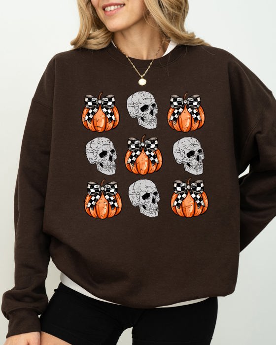 Skulls And Checkered Pumpkins Coquette Ribbons And Bows Halloween Inspired Sweatshirt