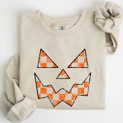 Spooky Jack-O-Lantern Retro Halloween Pumpkin Checkered Graphic Cozy Seasonal Sweatshirt