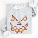 Medium Ash Light Gray Spooky Jack-O-Lantern Retro Halloween Pumpkin Checkered Graphic Cozy Seasonal Sweatshirt