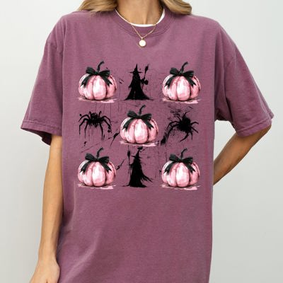 Witch Spiders Pumpkins Spooky Coquette Ribbons and Bows Halloween Comfort Colors Tee