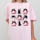 Large Blossom Light Pink Witch Spiders Pumpkins Spooky Coquette Ribbons and Bows Halloween Comfort Colors Tee
