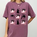 Large Berry Red Witch Spiders Pumpkins Spooky Coquette Ribbons and Bows Halloween Comfort Colors Tee