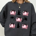 Small Dark Gray Heather Witch Spiders Pumpkins Spooky Coquette Ribbons and Bows Halloween Autumn Sweatshirt