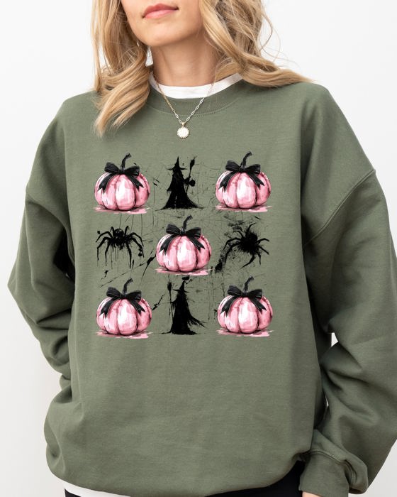 Witch Spiders Pumpkins Spooky Coquette Ribbons and Bows Halloween Autumn Sweatshirt