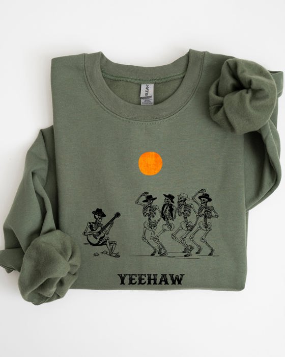 Yeehaw Dancing Skeletons Halloween Country Western Cowboys Day Of The Dead Inspired Sweatshirt