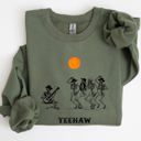 Large Military Green Yeehaw Dancing Skeletons Halloween Country Western Cowboys Day Of The Dead Inspired Sweatshirt