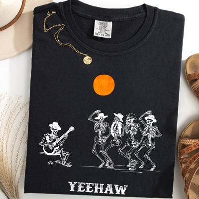 Yeehaw Dancing Skeletons Halloween Cowboys Western Country Heritage Comfort Colors Tee