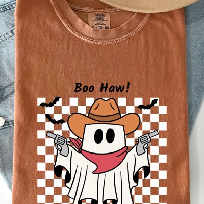 Boo Haw Cowboy Ghost Checkered Western Halloween Vintage Spirit Comfort Colors Tee