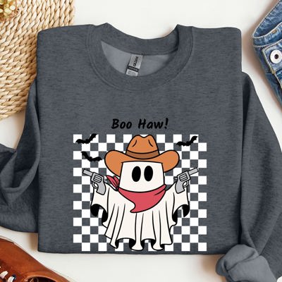 Boo Haw Cowboy Ghost Checkered Western Halloween Edition Premium Graphic Sweatshirt