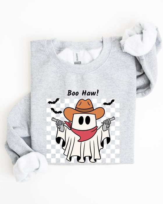 Boo Haw Cowboy Ghost Checkered Western Halloween Edition Premium Graphic Sweatshirt