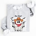 Medium Ash Light Gray Boo Haw Cowboy Ghost Checkered Western Halloween Edition Premium Graphic Sweatshirt