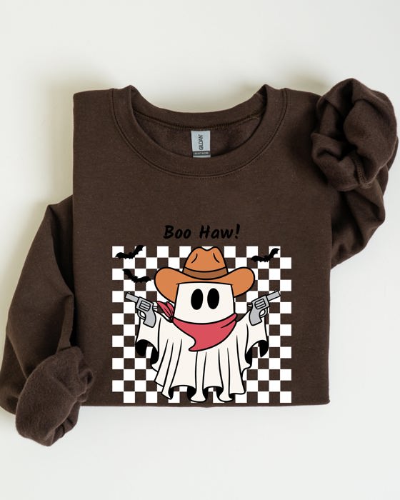 Boo Haw Cowboy Ghost Checkered Western Halloween Edition Premium Graphic Sweatshirt