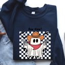 Medium Navy Boo Haw Cowboy Ghost Checkered Western Halloween Edition Premium Graphic Sweatshirt
