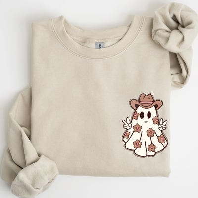Cute Flower Ghost Cowboy Cowgirl Pocket Print Halloween Peace Western Style Sweatshirt