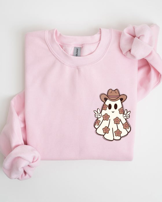 Cute Flower Ghost Cowboy Cowgirl Pocket Print Halloween Peace Western Style Sweatshirt