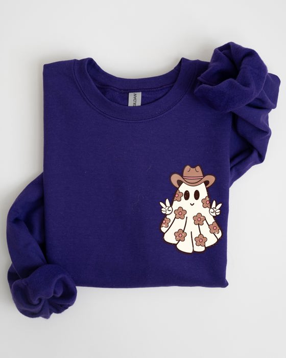 Cute Flower Ghost Cowboy Cowgirl Pocket Print Halloween Peace Western Style Sweatshirt