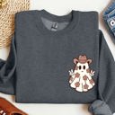 Medium Dark Gray Heather Cute Flower Ghost Cowboy Cowgirl Pocket Print Halloween Peace Western Style Sweatshirt