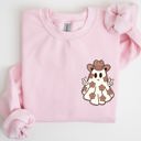 Medium Light Pink Cute Flower Ghost Cowboy Cowgirl Pocket Print Halloween Peace Western Style Sweatshirt