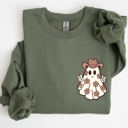 XXL Military Green Cute Flower Ghost Cowboy Cowgirl Pocket Print Halloween Peace Western Style Sweatshirt
