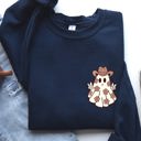 Medium Navy Cute Flower Ghost Cowboy Cowgirl Pocket Print Halloween Peace Western Style Sweatshirt
