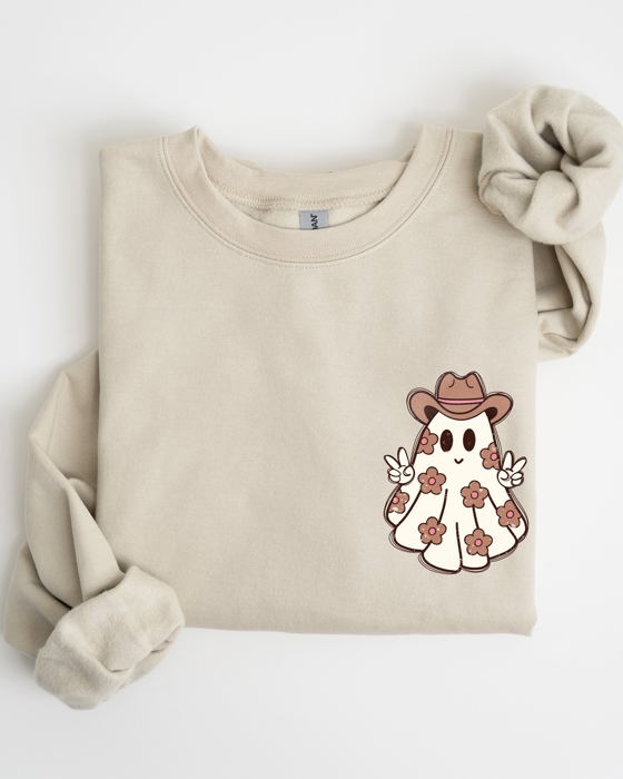 Cute Flower Ghost Cowboy Cowgirl Pocket Print Halloween Peace Western Style Sweatshirt