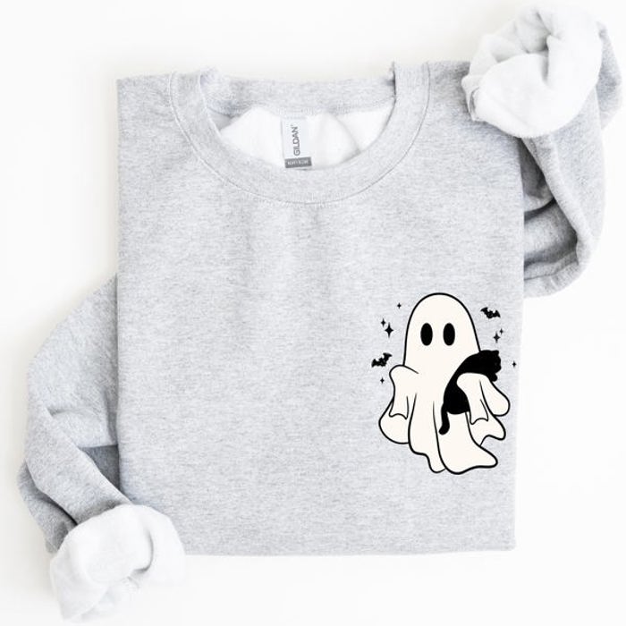 Cute Ghost With Cat Halloween Black Cat Witch Pocket Print Graphic Cozy Sweatshirt