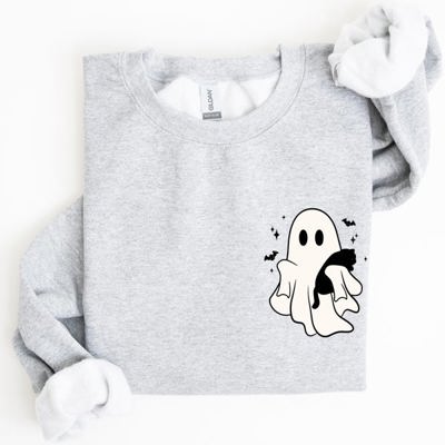 Cute Ghost With Cat Halloween Black Cat Witch Pocket Print Graphic Cozy Sweatshirt