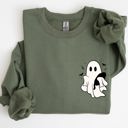  Cute Ghost With Cat Halloween Black Cat Witch Pocket Print Graphic Cozy Sweatshirt