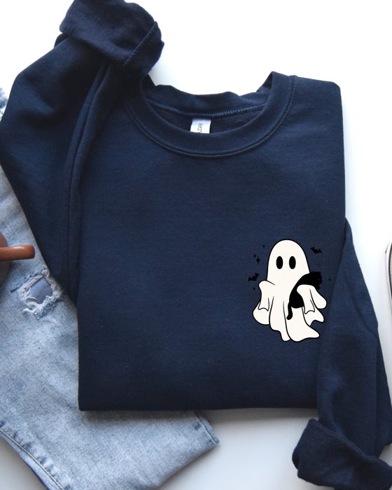 Cute Ghost With Cat Halloween Black Cat Witch Pocket Print Graphic Cozy Sweatshirt