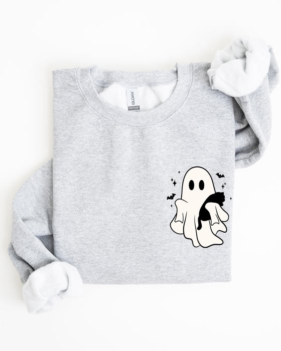 Cute Ghost With Cat Halloween Black Cat Witch Pocket Print Graphic Cozy Sweatshirt