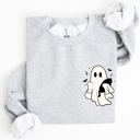 Large Ash Light Gray Cute Ghost With Cat Halloween Black Cat Witch Pocket Print Graphic Cozy Sweatshirt