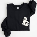 Medium Black Cute Ghost With Cat Halloween Black Cat Witch Pocket Print Graphic Cozy Sweatshirt